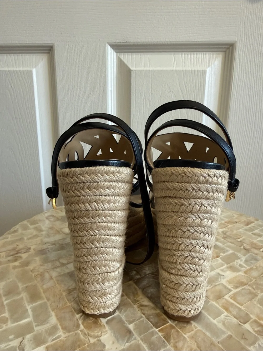 Black Leather Espadrille Wedge Sandals by Michael kors